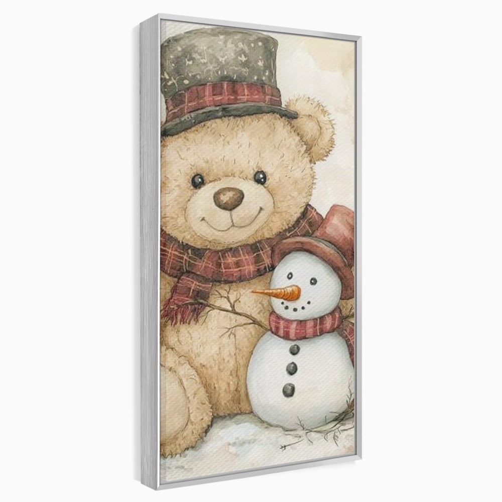 Tablou canvas cu ilustratie cu ursulet si om de zapada, in rama de aluminiu argintiu